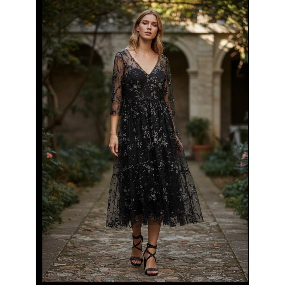 Jessica Howard Black Off-Shoulder Rose Detail Midi Dress Size 14